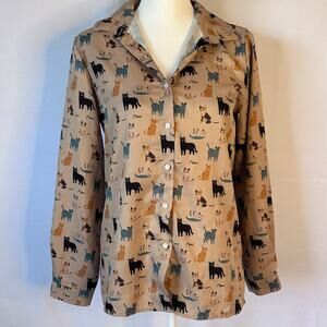 Quirky Cat Print Button Front Blouse Small Tan Long Sleeve Meow Graphic Top